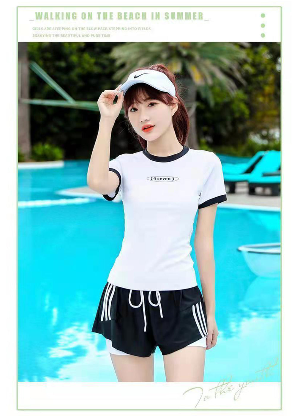 水着 レディース 2点セット 体型カバー セパレート Tシャツ 半袖 上下セット ワンピース スポーティー パッド付き 夏 韓国風 かわいい 女の子 少女 学生 中学生 高校生 露出控えめ リゾート 水泳 ビーチ 海 温泉 プール