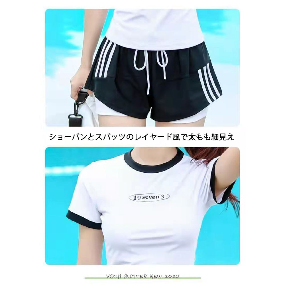 水着 レディース 2点セット 体型カバー セパレート Tシャツ 半袖 上下セット ワンピース スポーティー パッド付き 夏 韓国風 かわいい 女の子 少女 学生 中学生 高校生 露出控えめ リゾート 水泳 ビーチ 海 温泉 プール