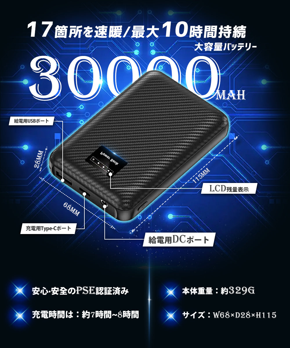 モバイルバッテリー30000mAh 大容量 軽量 急速充電 スマホ充電器 USB DC ポート 残量表示大容量 出力安定 携帯充電器 【PSE認証済】 iPhone iPad Android 電熱ウェア 電熱ベスト 電熱パンツ 電熱ズボン各種対応