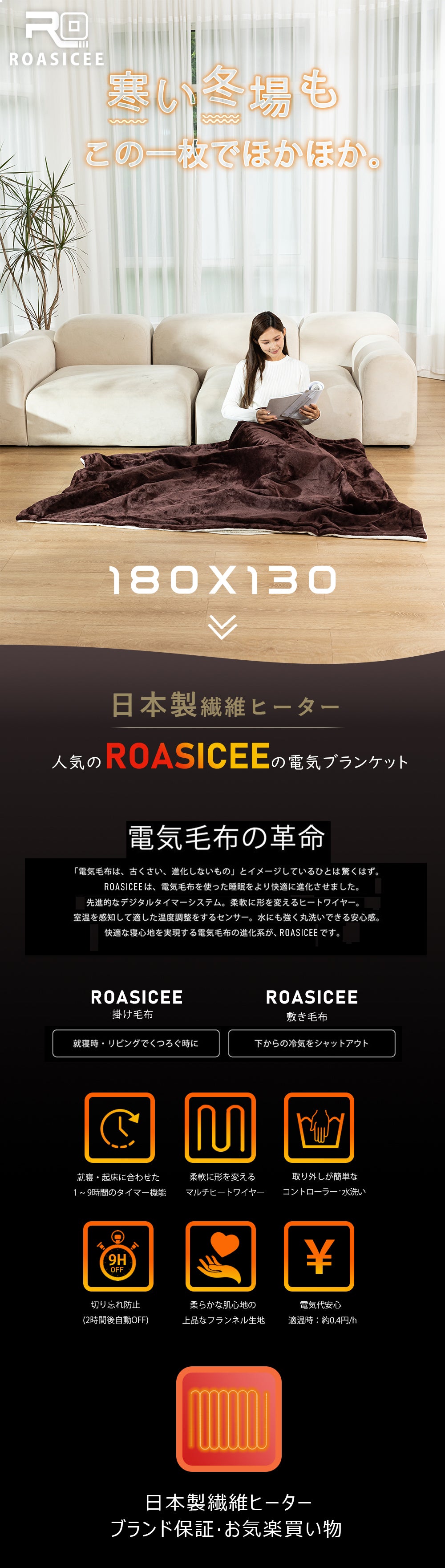 電気毛布 ROASICEE 掛け敷き 1~9時間 タイマー機能付  大判188×130cm 両用 洗える フランネル 自動電源オフ ダニ退治 省エネ 過熱保護 掛け 敷き 電気ブランケット ひざ掛け 電気しき毛布 電気掛け毛布 防寒 洗える 節電