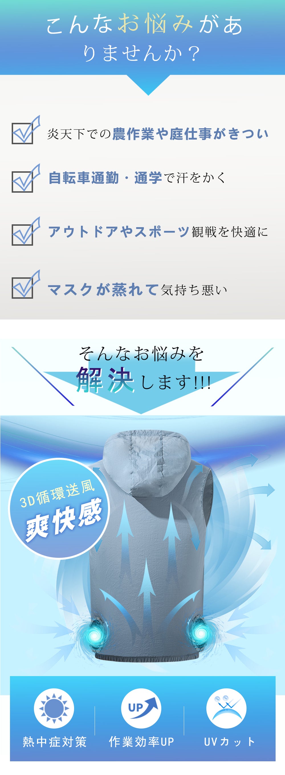 『2023新品』空調ウェアベスト 空調ウェア ワークマン バッテリー ファン付き 3点セット空調ベスト 空調ウェア 男女兼用 ゴルフ用 3段階風速 紫外線対策 夏熱中症対策 UVカット ワークマン ワークウェア 室外作業 クール作業服 全5色 S-3XL