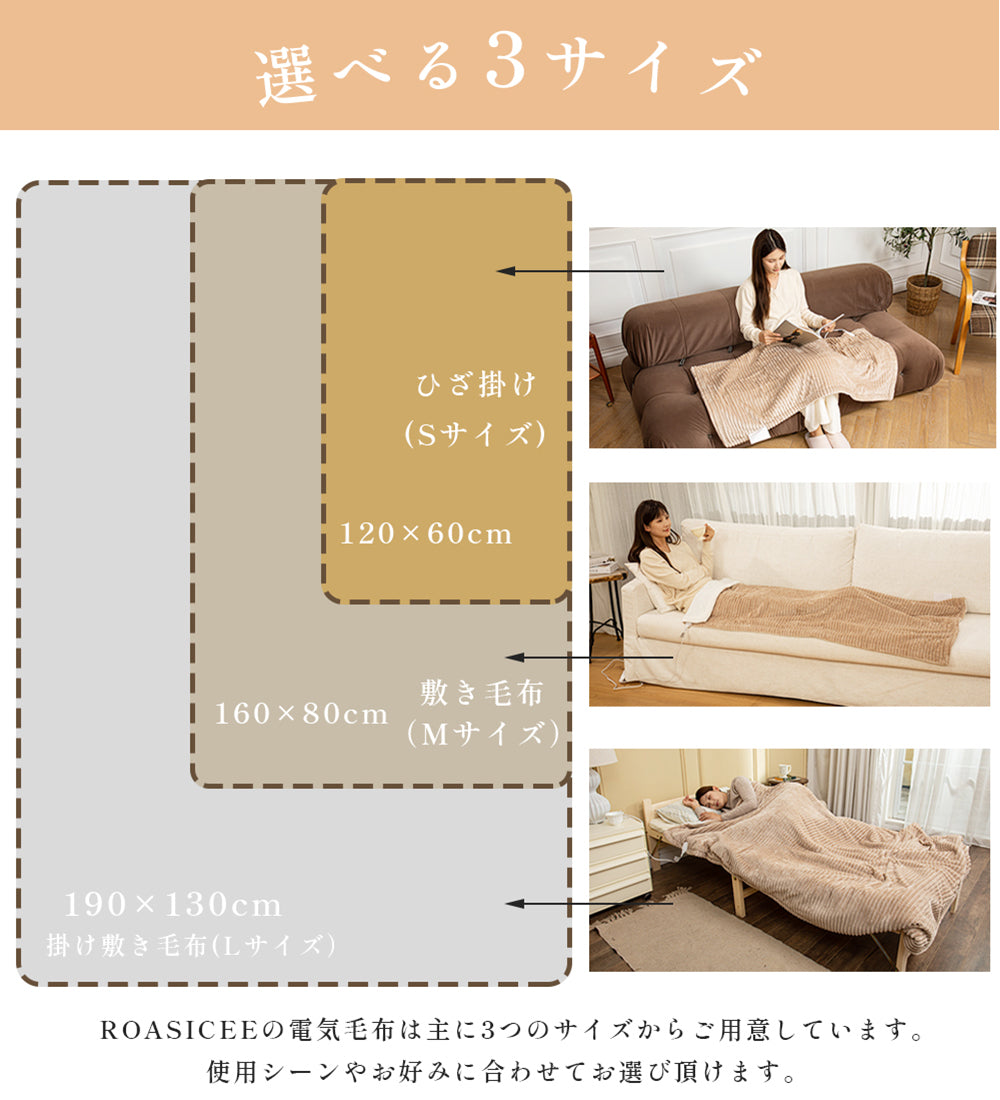 電気毛布 ROASICEE 掛け敷き兼用 大判190×130/160×80/120×60cm 炭素繊維ヒーター 両用 フランネル 自動電源オフ ダニ退治 過熱保護 タイマー機能付 電気ブランケット ひざ掛け 洗える ダブル 2人 節電 寒さ対策グッズ