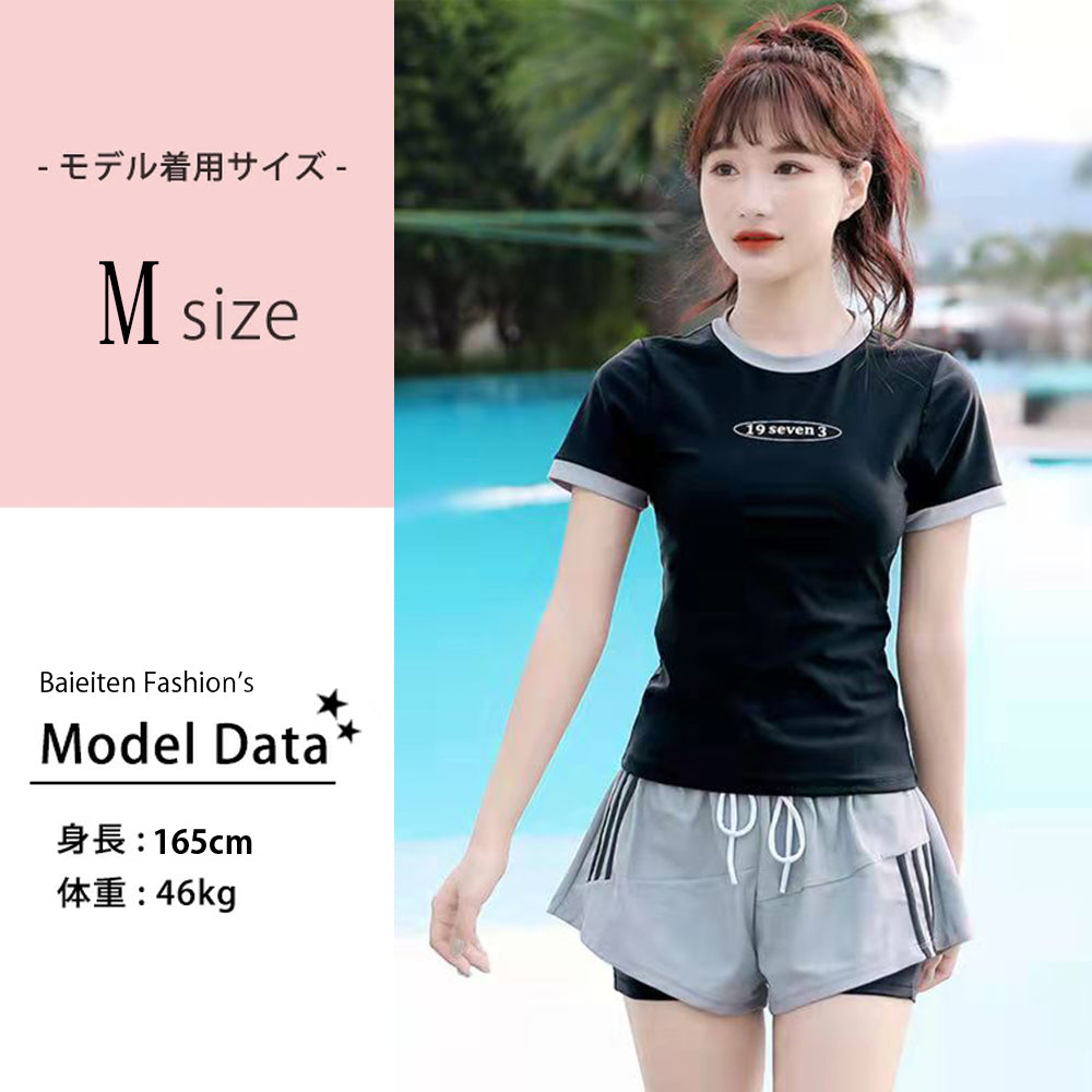 水着 レディース 2点セット 体型カバー セパレート Tシャツ 半袖 上下セット ワンピース スポーティー パッド付き 夏 韓国風 かわいい 女の子 少女 学生 中学生 高校生 露出控えめ リゾート 水泳 ビーチ 海 温泉 プール