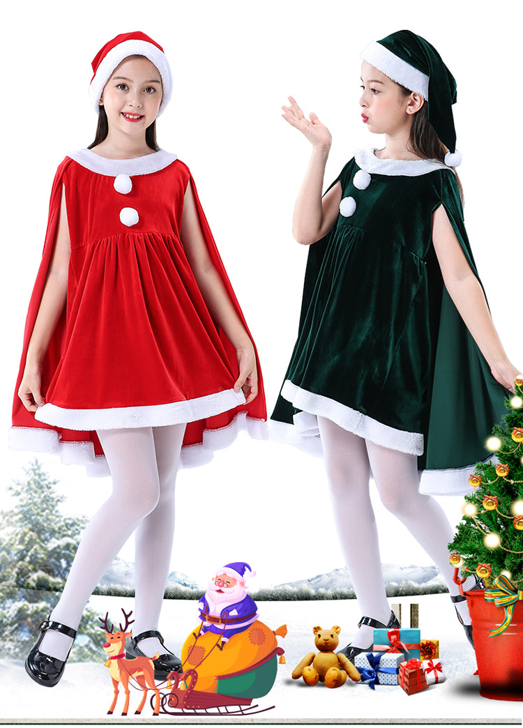 サンタ コスプレ衣装 女の子 ポンチョ サンタクロース サンタ服 キッズ クリスマス コスチューム マント サンタ コスチューム 子供服 帽子付き パーティー クリスマス キッズ服 ジュニア 演出服 ダンス衣装 3点セット 送料無料
