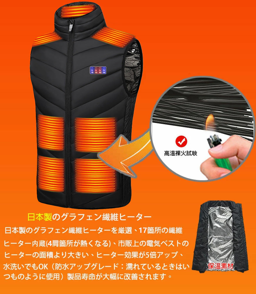 【22022最新強化版 17つヒーター】 電熱ベスト ROASICEE 発熱ベスト 加熱ベスト 日本製ヒーター バッテリー付き 25000mAh 前後独立温度設定 電熱ジャケット バイクウェア ヒーターベスト 発熱ベスト usb 電熱ウェア 発熱 防寒 大きいサイズ S-6XL