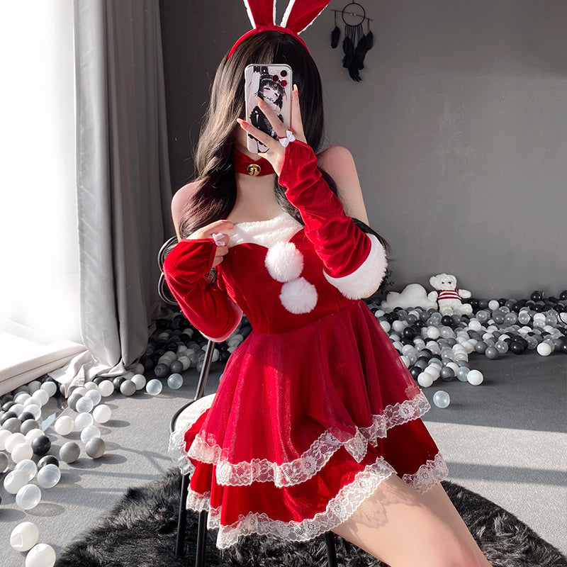 【豪華6点セット】サンタ コスプレ セクシー バニーガール サンタ コス セクシー ベロア 兎耳 さぎ コスチューム ミニ ワンピースうさ耳 バニー サンタクロース うさぎ 靴下 付き セット 赤 レッド ピンク M L サイズ パーテ サンタクロース 衣装