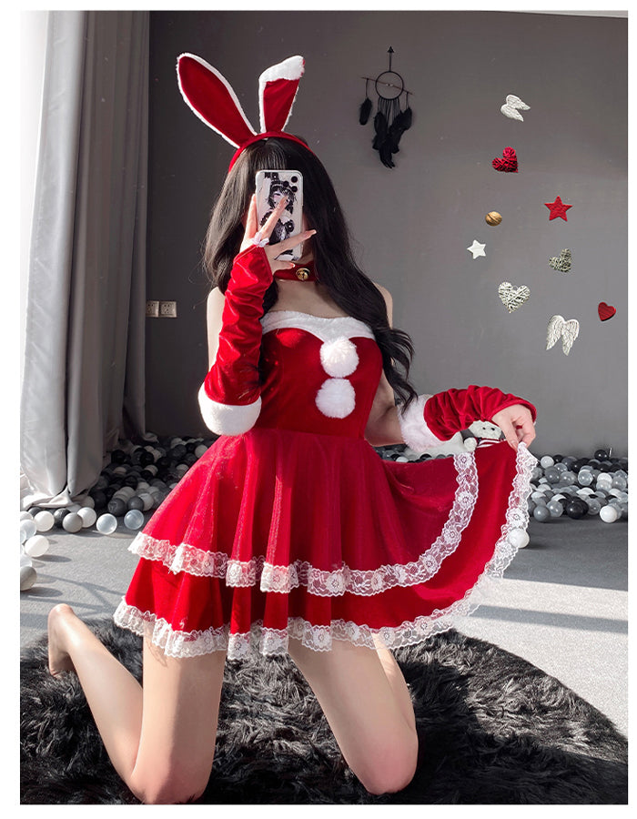 【豪華6点セット】サンタ コスプレ セクシー バニーガール サンタ コス セクシー ベロア 兎耳 さぎ コスチューム ミニ ワンピースうさ耳 バニー サンタクロース うさぎ 靴下 付き セット 赤 レッド ピンク M L サイズ パーテ サンタクロース 衣装