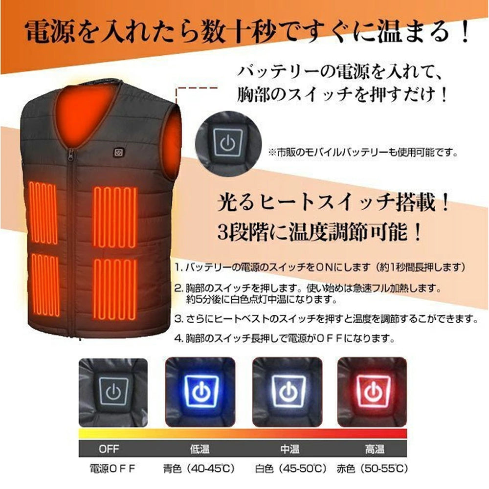 電熱ベスト バッテリー付き 加熱パネル10枚 ヒーターベスト 日本製 ヒーター ヒーター付き ベスト USB式給電 3段階温度調整 大きいサイズ 5L/6L/7L 電熱ウェア 防寒ベスト 防寒着 冬 作業服 男女兼用 水洗いでき 加熱ベスト チョッキ 登山 釣り