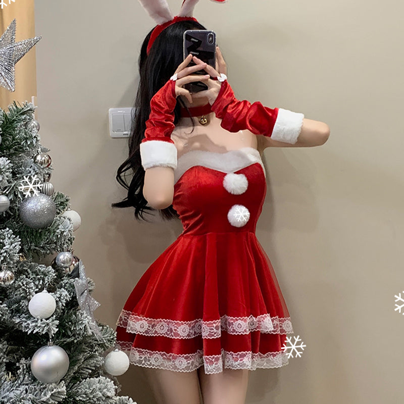 【豪華6点セット】サンタ コスプレ セクシー バニーガール サンタ コス セクシー ベロア 兎耳 さぎ コスチューム ミニ ワンピースうさ耳 バニー サンタクロース うさぎ 靴下 付き セット 赤 レッド ピンク M L サイズ パーテ サンタクロース 衣装