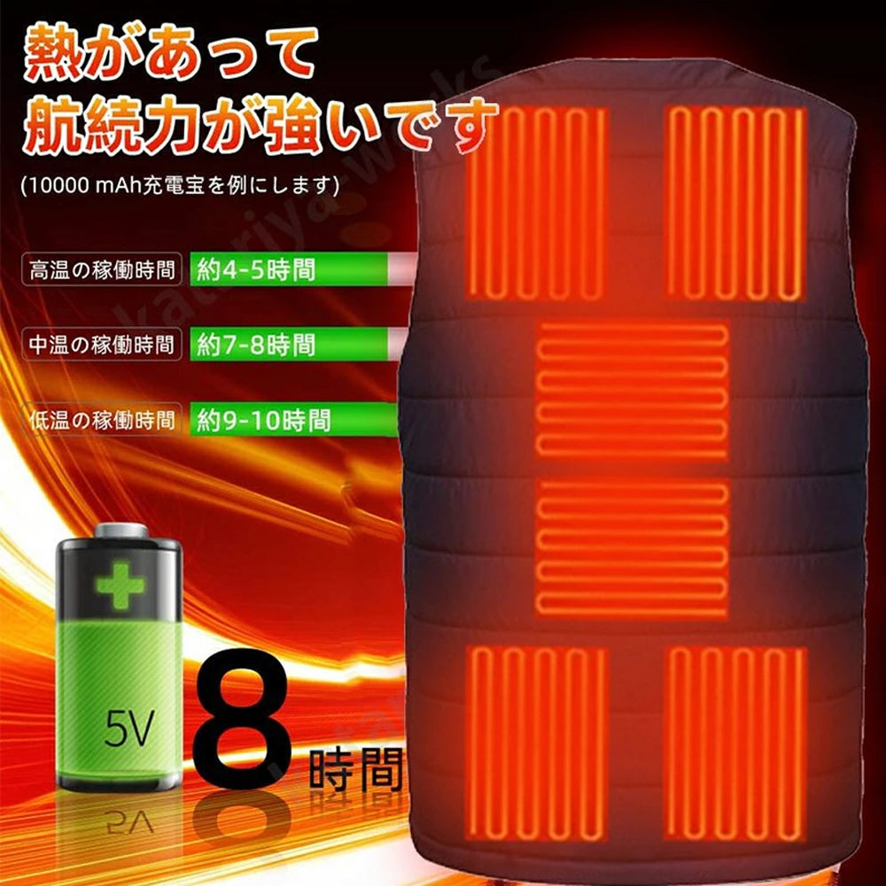 電熱ベスト バッテリー付き 加熱パネル10枚 ヒーターベスト 日本製 ヒーター ヒーター付き ベスト USB式給電 3段階温度調整 大きいサイズ 5L/6L/7L 電熱ウェア 防寒ベスト 防寒着 冬 作業服 男女兼用 水洗いでき 加熱ベスト チョッキ 登山 釣り