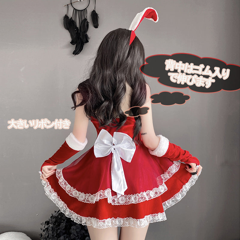 【豪華6点セット】サンタ コスプレ セクシー バニーガール サンタ コス セクシー ベロア 兎耳 さぎ コスチューム ミニ ワンピースうさ耳 バニー サンタクロース うさぎ 靴下 付き セット 赤 レッド ピンク M L サイズ パーテ サンタクロース 衣装