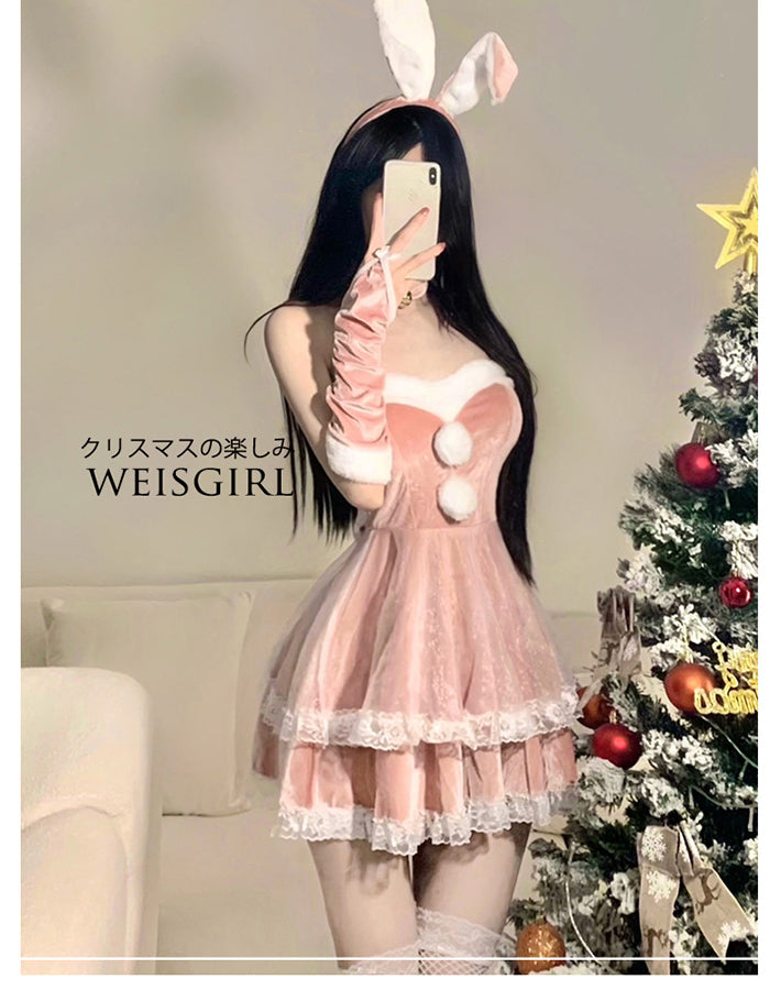 【豪華6点セット】サンタ コスプレ セクシー バニーガール サンタ コス セクシー ベロア 兎耳 さぎ コスチューム ミニ ワンピースうさ耳 バニー サンタクロース うさぎ 靴下 付き セット 赤 レッド ピンク M L サイズ パーテ サンタクロース 衣装