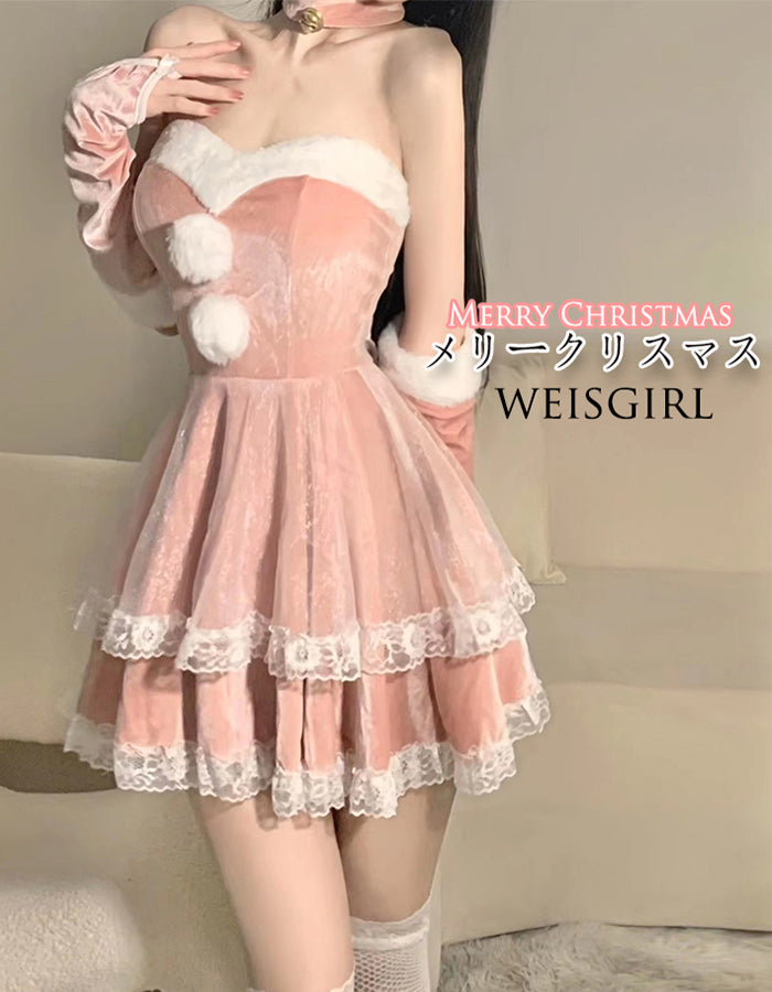 【豪華6点セット】サンタ コスプレ セクシー バニーガール サンタ コス セクシー ベロア 兎耳 さぎ コスチューム ミニ ワンピースうさ耳 バニー サンタクロース うさぎ 靴下 付き セット 赤 レッド ピンク M L サイズ パーテ サンタクロース 衣装
