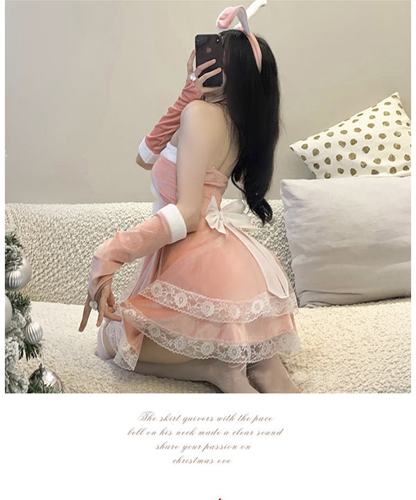 【豪華6点セット】サンタ コスプレ セクシー バニーガール サンタ コス セクシー ベロア 兎耳 さぎ コスチューム ミニ ワンピースうさ耳 バニー サンタクロース うさぎ 靴下 付き セット 赤 レッド ピンク M L サイズ パーテ サンタクロース 衣装